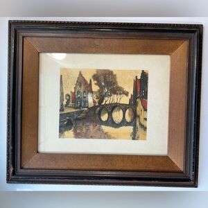 Vintage Julien Celos etching framed Belgian Scene bridge canal framed Amsterdam